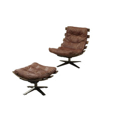 Assambled, 2Pc Pack Chair & Ottoman (No Storage) Armless Lounge Chair (High Backrest) Swivel Seat (360 Degrees, without Lift) Padded BACK & SEAT: Top Grain Leather, Button Tufted, Slatted Wood Frame Outside & Metal Base Loose Back & Seat Cushion (1) CONST