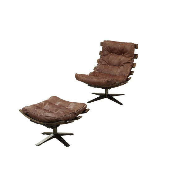 Assambled, 2Pc Pack Chair & Ottoman (No Storage) Armless Lounge Chair (High Backrest) Swivel Seat (360 Degrees, without Lift) Padded BACK & SEAT: Top Grain Leather, Button Tufted, Slatted Wood Frame Outside & Metal Base Loose Back & Seat Cushion (1) CONST