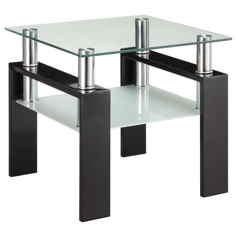 This square end table features a clear tempered glass top, complemented by a frosted tempered glass shelf for added storage or display. Supported by a sturdy metal frame, this piece combines both form and function. Its sleek design offers a modern look th