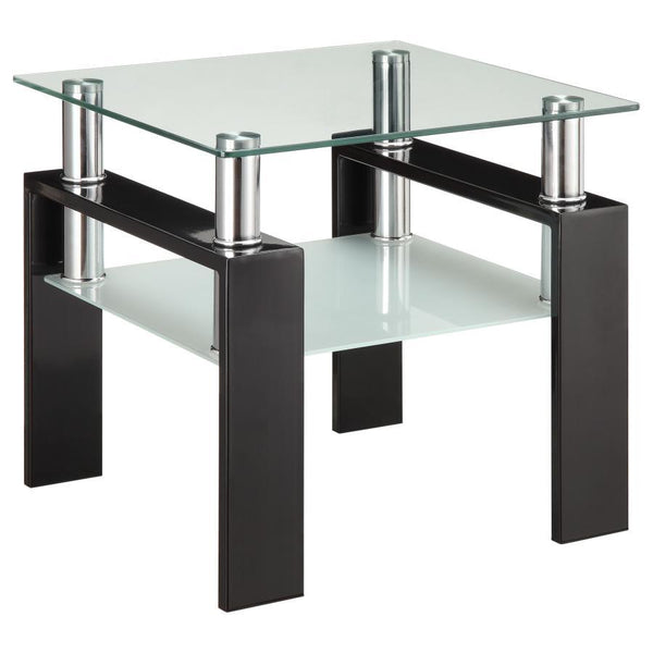 This square end table features a clear tempered glass top, complemented by a frosted tempered glass shelf for added storage or display. Supported by a sturdy metal frame, this piece combines both form and function. Its sleek design offers a modern look th