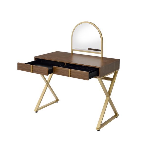 Coleen - Vanity Desk - Walnut & Gold Finish