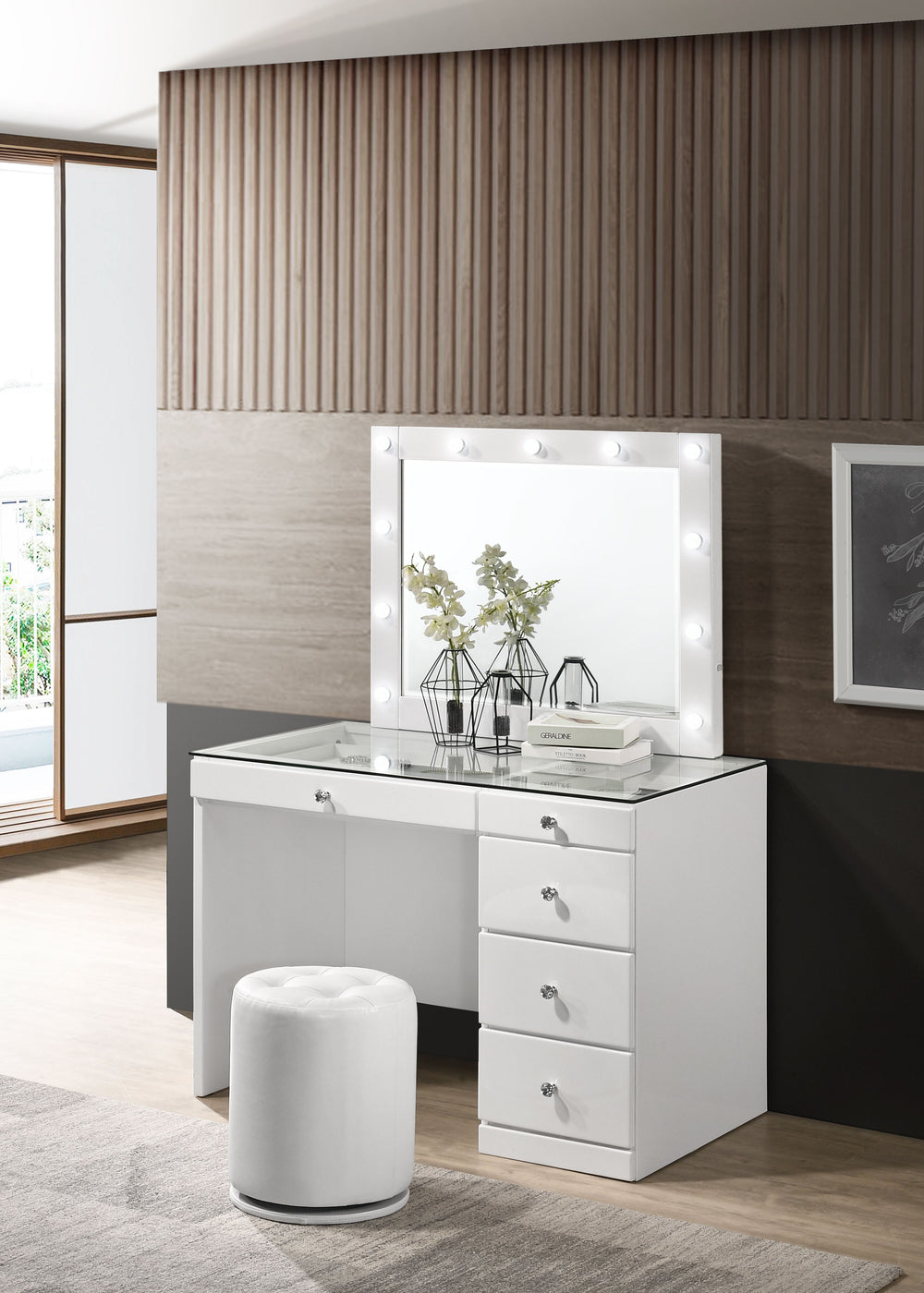 Morgan - Vanity Desk With Glass Top, LED Mirror & Stool - White<h4><b>Morgan - Vanity Base - White</b></h4> <table width="100%"><colgroup><col style="width: 30%"> <col style="width: 70%"> </colgroup> <tbody> <tr> <td>Dimensions</td> <td> 44.00"L x 23.25"D