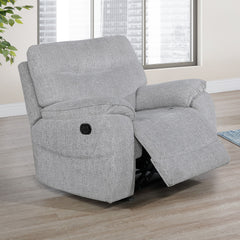 Experience the ultimate in relaxation and comfort with the Chablis Glider Recliner with Heat & Massage in Mist Gray. Expertly crafted with durable hardwood and plywood interior frames and reinforced by sturdy motion mechanisms, this recliner offers a stro