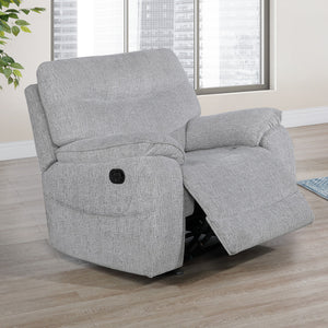 Experience the ultimate in relaxation and comfort with the Chablis Glider Recliner with Heat & Massage in Mist Gray. Expertly crafted with durable hardwood and plywood interior frames and reinforced by sturdy motion mechanisms, this recliner offers a stro