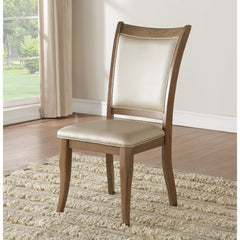 Armless Chair Stationary Seat: Standard Dining Height Padded BACK & SEAT: Beige PU Backrest: Padded Inside, Wood Trim and -"X-" Shape Outside Seat: Square Shape with Wood Apron, Seat Cushion Size: 2 Inches Thick (55mm) Wood Tapered Leg: Wood (Rbw), Front 