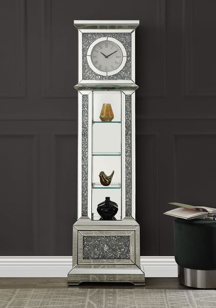 â€¢Assembled<br/><br/><b>Product Features</b><ul><li>Grandfather Clock</li><li>Standing Flat Wall</li><li>Storage: 4 Tier Shelf & 1 Storage Drawer</li><li>Beveled Mirrored Case-Frame with Faux Diamonds & Clear Glass Inlay</li><li>Clock Dial: Roman Numeral