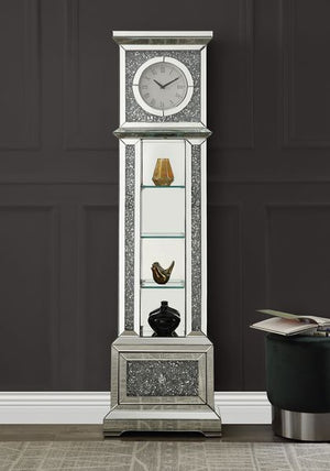 â€¢Assembled<br/><br/><b>Product Features</b><ul><li>Grandfather Clock</li><li>Standing Flat Wall</li><li>Storage: 4 Tier Shelf & 1 Storage Drawer</li><li>Beveled Mirrored Case-Frame with Faux Diamonds & Clear Glass Inlay</li><li>Clock Dial: Roman Numeral