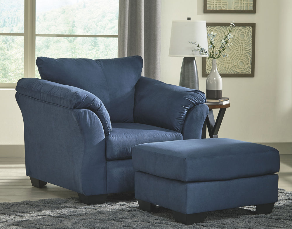 For a fresh spot in your space, turn to this designer chair and ottoman. Wind down at the end of a long day when you sink into this canyon of comfort. <h4><b>Darcy - Blue - Chair</b></h4> <table width=-"100%-"><colgroup><col style=-"width: 30%