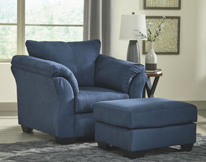 For a fresh spot in your space, turn to this designer chair and ottoman. Wind down at the end of a long day when you sink into this canyon of comfort. <h4><b>Darcy - Blue - Chair</b></h4> <table width=-"100%-"><colgroup><col style=-"width: 30%