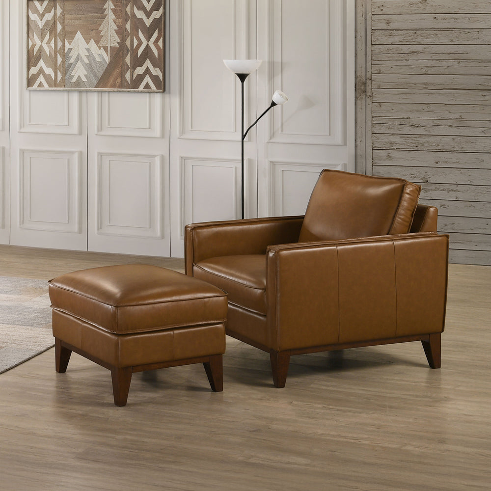 The Caspar Top Grain Leather 2-Piece Chair and Ottoman Set brings together luxurious comfort and refined style. Upholstered in rich caramel brown, the 100% top-grain leather offers durability, breathability, and a timeless aesthetic. Built with high-quali