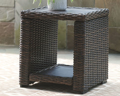 Style. Comfort. Quality. Value. This outdoor end table really goes to town, giving you the total package for outstanding outdoor living. Crafted to withstand the elements, this outdoor tableâ€™s resin wicker base and rust-proof aluminum frame ensures care