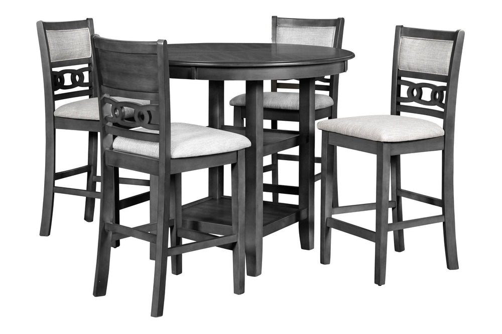 The stylish Gia 5 Piece Counter Dining Table and Chair set is built with comfort, durability and function in mind. This dining set provides spacious seating for four, with the added convenience of two storage shelves located under the table top, perfect f