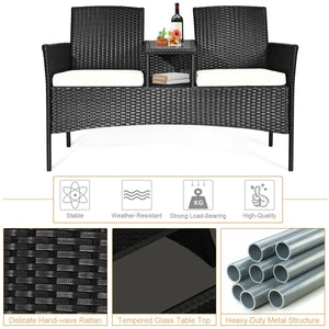Rugged steel frame is durable and sturdy<br>High-quality rattan is weather-resistant and fade-resistant<br>Tempered glass table top is fixed by powerful suckers<br>Soft seat cushions is filled with high-density sponge<br>The zippered cover is removable an