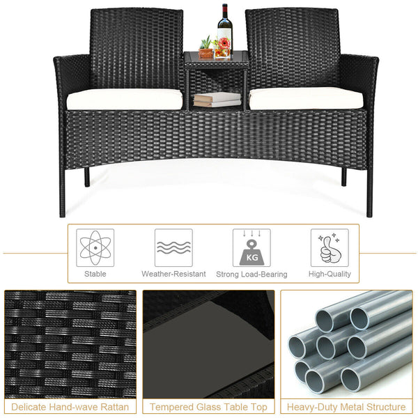 Rugged steel frame is durable and sturdy<br>High-quality rattan is weather-resistant and fade-resistant<br>Tempered glass table top is fixed by powerful suckers<br>Soft seat cushions is filled with high-density sponge<br>The zippered cover is removable an