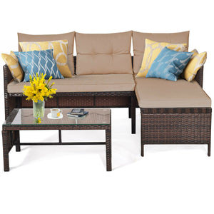 Outdoor sectional sofa  available for 3-4 friends comfortably with a glass table to hold food and drinks <br>Premium transparent tempered glass top  securely placed on the sturdy wicker table  more convenient to clean <br>L-shape design fits any corner of