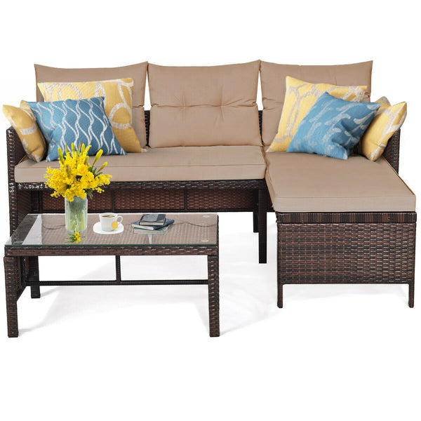 Outdoor sectional sofa  available for 3-4 friends comfortably with a glass table to hold food and drinks <br>Premium transparent tempered glass top  securely placed on the sturdy wicker table  more convenient to clean <br>L-shape design fits any corner of