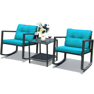 Including 1 table with tempered glass top and 2 rocking chairs <br>Sturdy and heavy steel frame ensures large weight capacity <br>High-quality PE wicker can withstand the moderate change in weather <br>Slightly sloping back and seat of the rocking chair o