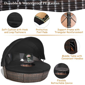 Includes: 1 x Rattan round daybed  4 x Sector cushion  3 x Pillow  1 x User guide<br>Will be delivered in 4 packages so the arriving time may vary<br>Durable and sturdy steel frame to keep stable<br>Lightweight and premium PE rattan material for long life