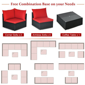 Free combination of sectional sofa as per your needs<br>Solid structure with L shape aluminum feet<br>Exquisite PE wicker frame adds unique charm<br>Comfortable sofa set with thick cushions and soft pillows<br>The cover of seat cushion is removable and wa