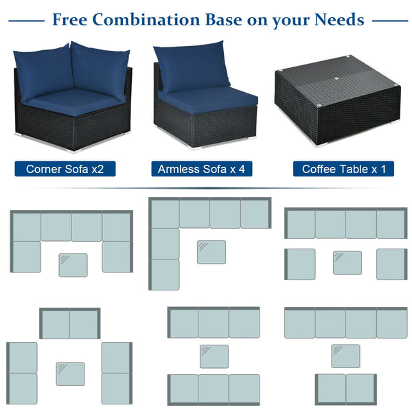 Free combination of sectional sofa as per your needs<br>Solid structure with L shape aluminum feet<br>Exquisite PE wicker frame adds unique charm<br>Comfortable sofa set with thick cushions and soft pillows<br>The cover of seat cushion is removable and wa