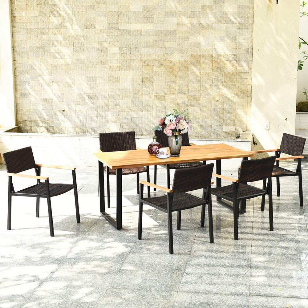 Table made of premium acacia wood and steel frame  sturdy and durable <br>Unique leg structure offers powerful support and stability <br>Weather-resistant and waterproof rattan chairs  easy to clean <br>Wide armrest of acacia wood top for extra comfort <b