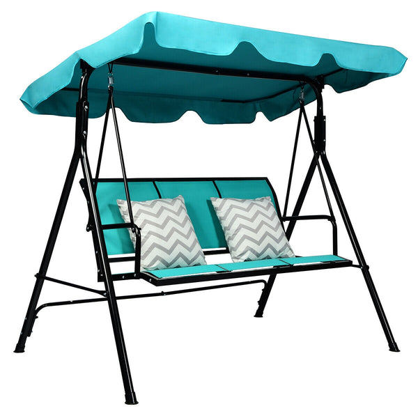 Able to comfortably sit and swing 3 people independently <br>Made of a high quality  weather-resistant steel frame with wide  sturdybase <br>Adjustable canopy design for optimal shade coverage and rain protection <br>Comfortable angle and well-ventilated 