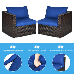 Power coated and solid steel frame adds sturdiness and durability<br>Tight and hand-woven rattan to withstand change of weather<br>2 of the corner sofas can be used separately<br>Aluminum foot pads protect bottom rattan from scratching<br>Wide armrest for