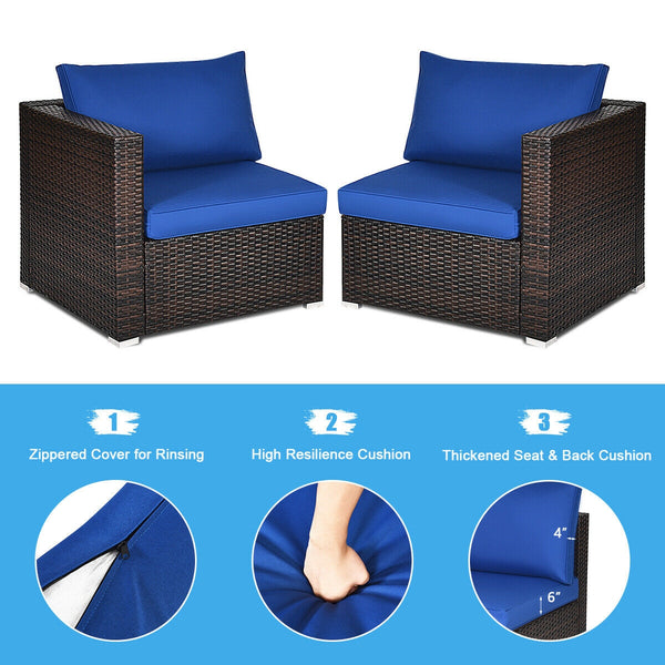 Power coated and solid steel frame adds sturdiness and durability<br>Tight and hand-woven rattan to withstand change of weather<br>2 of the corner sofas can be used separately<br>Aluminum foot pads protect bottom rattan from scratching<br>Wide armrest for