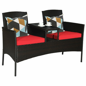Made of high quality rattan with strong built-in frame structure<br>Poly table top is durable and safe to use<br>Trapezoid coffee table between two seats is practical<br>Cozy thick cushions double your comfy<br>The cushion cover with zipper is removable a