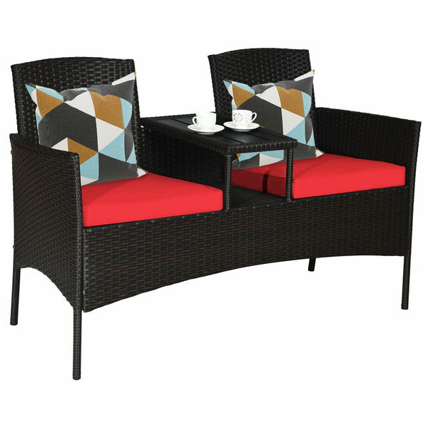 Made of high quality rattan with strong built-in frame structure<br>Poly table top is durable and safe to use<br>Trapezoid coffee table between two seats is practical<br>Cozy thick cushions double your comfy<br>The cushion cover with zipper is removable a