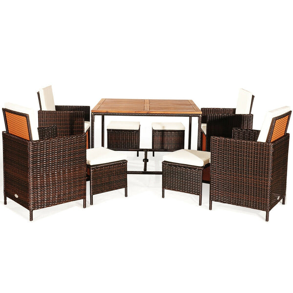 Made of PE wicker and sturdy steel frame ensuring weather resistance<br>Acacia wood tabletop makes sure the sturdiness and durability<br>Suitable for outdoor use with umbrella hole design<br>Cushioned seats with wide backrest bring you a comfortable exper