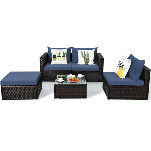 Package includes: 2 Corner chairs  1 Armless chair  1 Ottoman  1 Coffee table  4 Seat cushions  3 Back cushions  1 Instruction <br>Power-coated and solid steel frame adds sturdiness to the set <br>Tight and hand-woven rattan wraps the steel frame <br>Spac