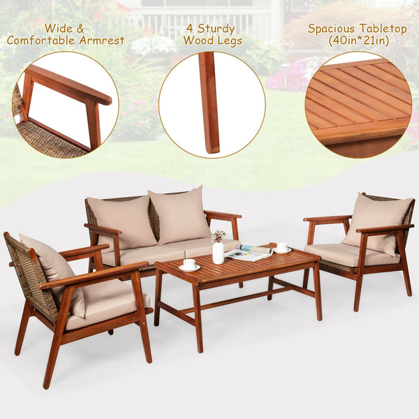 Including 2 x Single sofa  1 x Loveseat  1 x Coffee table  4 x Seat cushion  4 x Back cushion  1 x User guide<br>Hand-woven rattan is breathable and comfortable<br>Thick and soft cushions will provide you excellent comfort<br>Cover with the zipper of the 