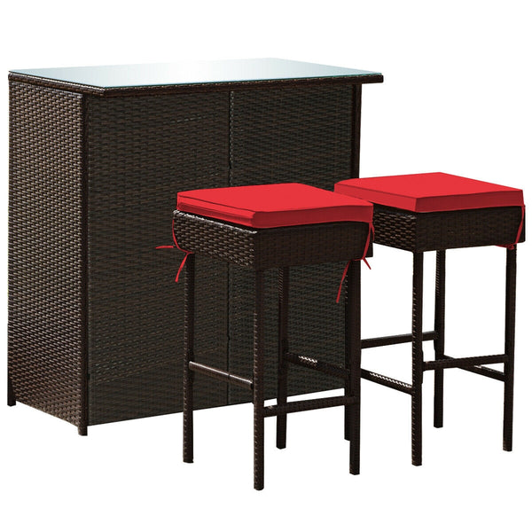 Strong metal frame and wrapped with rattan wicker<br>Including 2 stools and 1 table<br>Special design of the shelve for storage<br>Tempered glass top with good heat-durability<br>Soft and thick cushion provides comfortable sitting experience<br>Zippered c