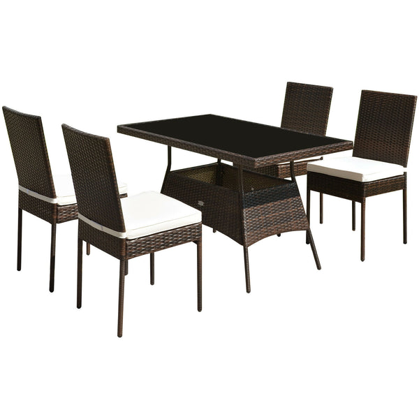 High-quality steel materials can ensure to last<br>Durable and weather-resistant PE rattan provides a long service life<br>The dining table with a tempered glass top provides spacious dining space<br>The cushions with hook and loop fasteners make you feel