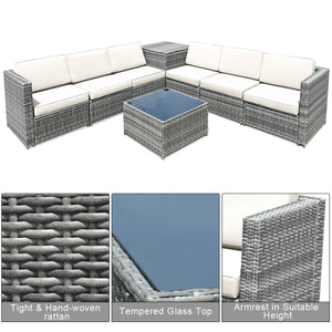 Including 6 sofas  1 storage box  1 coffee table  6 seat cushions and 6 back cushions <br>Sturdy iron frame and premium rattan for better durability <br>Large load-bearing capacity-- 360 lbs for each sofa and 110 lbs for coffee table <br>A storage box as 