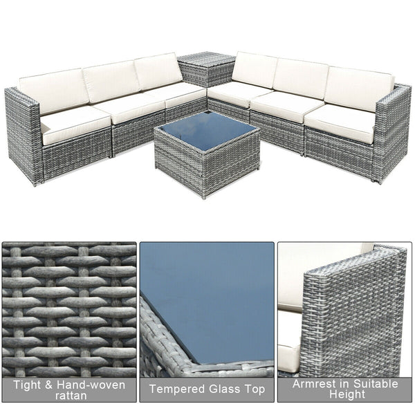 Including 6 sofas  1 storage box  1 coffee table  6 seat cushions and 6 back cushions <br>Sturdy iron frame and premium rattan for better durability <br>Large load-bearing capacity-- 360 lbs for each sofa and 110 lbs for coffee table <br>A storage box as 