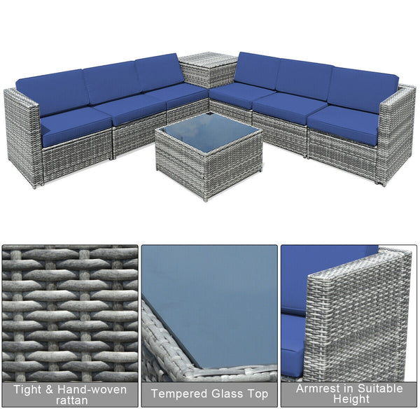Including 6 sofas  1 storage box  1 coffee table  6 seat cushions and 6 back cushions <br>Sturdy iron frame and premium rattan for better durability <br>Large load-bearing capacity-- 360 lbs for each sofa and 110 lbs for coffee table <br>A storage box as 