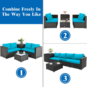 Made of rattan with good toughness and weather-resistant function<br>Reinforced steel frame with excellent stability<br>Padded seat and back cushions for soft and comfortable sitting feeling<br>Coffee table with tempered glass for strong supporting<br>End