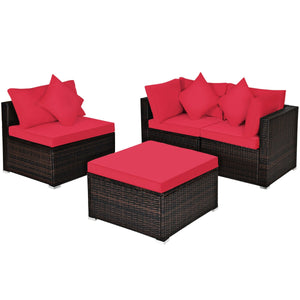 Includes 2 corner sofas  1armless table and 1 ottoman for versatile use<br>Sturdy powder-coated steel frame provides strong durability and stability<br>All-weather and wear-resistant PE rattan provides a long service life<br>Thick and soft sponge padded c