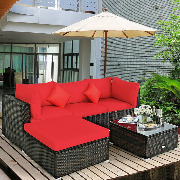 Including 1 armless sofa  2 corner sofas  1 ottoman  and 1 coffee table for a versatile use<br>Sturdy steel frame and durable PE rattan for long time use<br>4'' thick cushions to provide extraordinary comfort<br>Equipped with 2 extra soft pillows for bett
