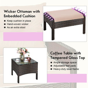 Includes 2 single chairs  2 ottomans and a side table<br>Heavy-duty metal frame with great sturdiness<br>All-weather PE rattan durable for outdoor use<br>Long-lasting tempered glass table smooth for wiping<br>3" thick cushions for excellent softness<br>Re