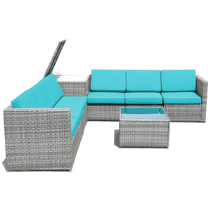 Including 6 sofas  1 storage box  1 coffee table  6 seat cushions and 6 back cushions <br>Sturdy iron frame and premium rattan for better durability <br>Large load-bearing capacity-- 360 lbs for each sofa and 110 lbs for coffee table <br>A storage box as 