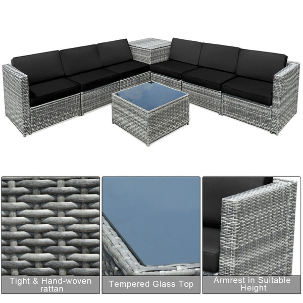 Including 6 sofas  1 storage box  1 coffee table  6 seat cushions and 6 back cushions <br>Sturdy iron frame and premium rattan for better durability <br>Large load-bearing capacity-- 360 lbs for each sofa and 110 lbs for coffee table <br>A storage box as 
