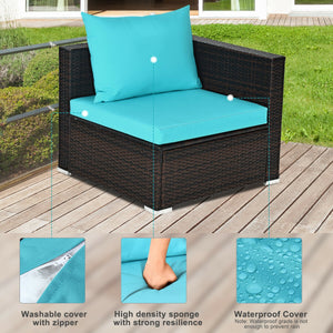 Package includes: 2 Corner chairs  1 Armless chair  1 Ottoman  1 Coffee table  4 Seat cushions  3 Back cushions  1 Instruction <br>Power-coated and solid steel frame adds sturdiness to the set <br>Tight and hand-woven rattan wraps the steel frame <br>Spac