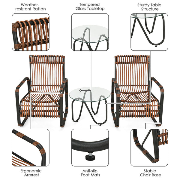 This patio furniture set includes 2 single chairs and a side table. You can place it on the patio  balcony  garden  poolside  or any other place in your home. Â  This wicker bistro set with a classic design will add a sense of elegance to your space. Sing