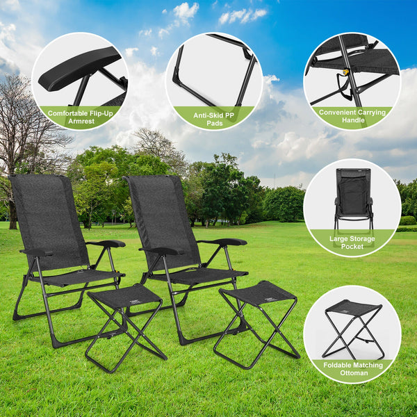 Made of solid steel and high-strength fabric  this patio chair set can load up to 300lbs for long term use. Â  Since its folding design  this patio chair set can be stored and carried without taking up much living space. Also  the 7-gear adjustable backre