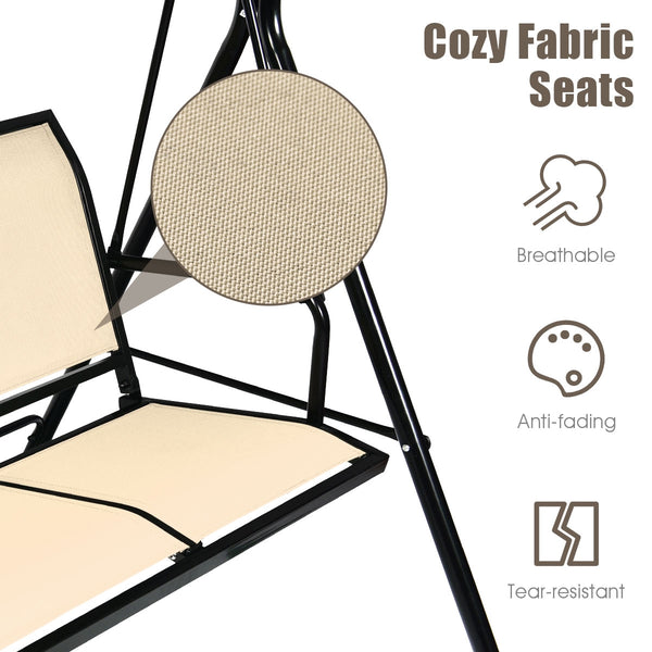 Able to comfortably sit and swing 3 people independently <br>Made of a high quality  weather-resistant steel frame with wide  sturdybase <br>Adjustable canopy design for optimal shade coverage and rain protection <br>Comfortable angle and well-ventilated 