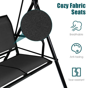 Able to comfortably sit and swing 3 people independently <br>Made of a high quality  weather-resistant steel frame with wide  sturdybase <br>Adjustable canopy design for optimal shade coverage and rain protection <br>Comfortable angle and well-ventilated 