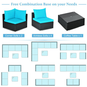 Free combination of sectional sofa as per your needs<br>Solid structure with L shape aluminum feet<br>Exquisite PE wicker frame adds unique charm<br>Comfortable sofa set with thick cushions and soft pillows<br>The cover of seat cushion is removable and wa